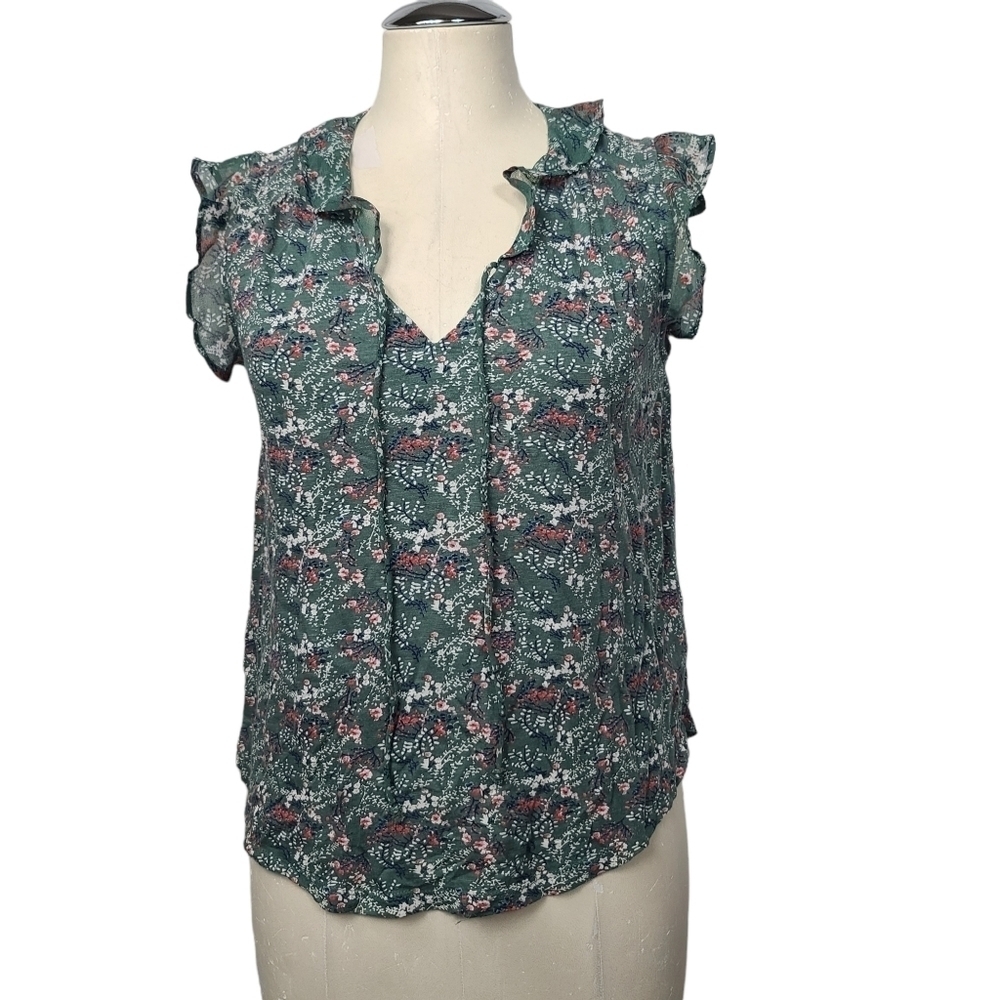 Lucky Brand Flutter Sleeve Floral V Neck Blouse XS